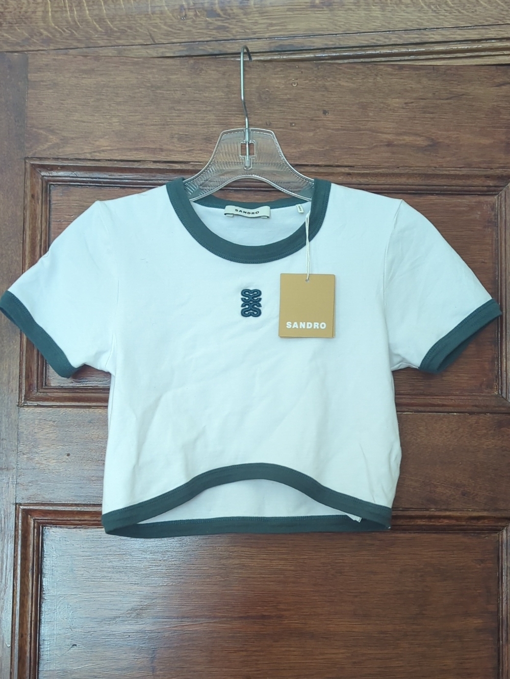 Sandro Paris Two-Tone Cropped T-Shirt | White & Dark Green | Size XS (0)